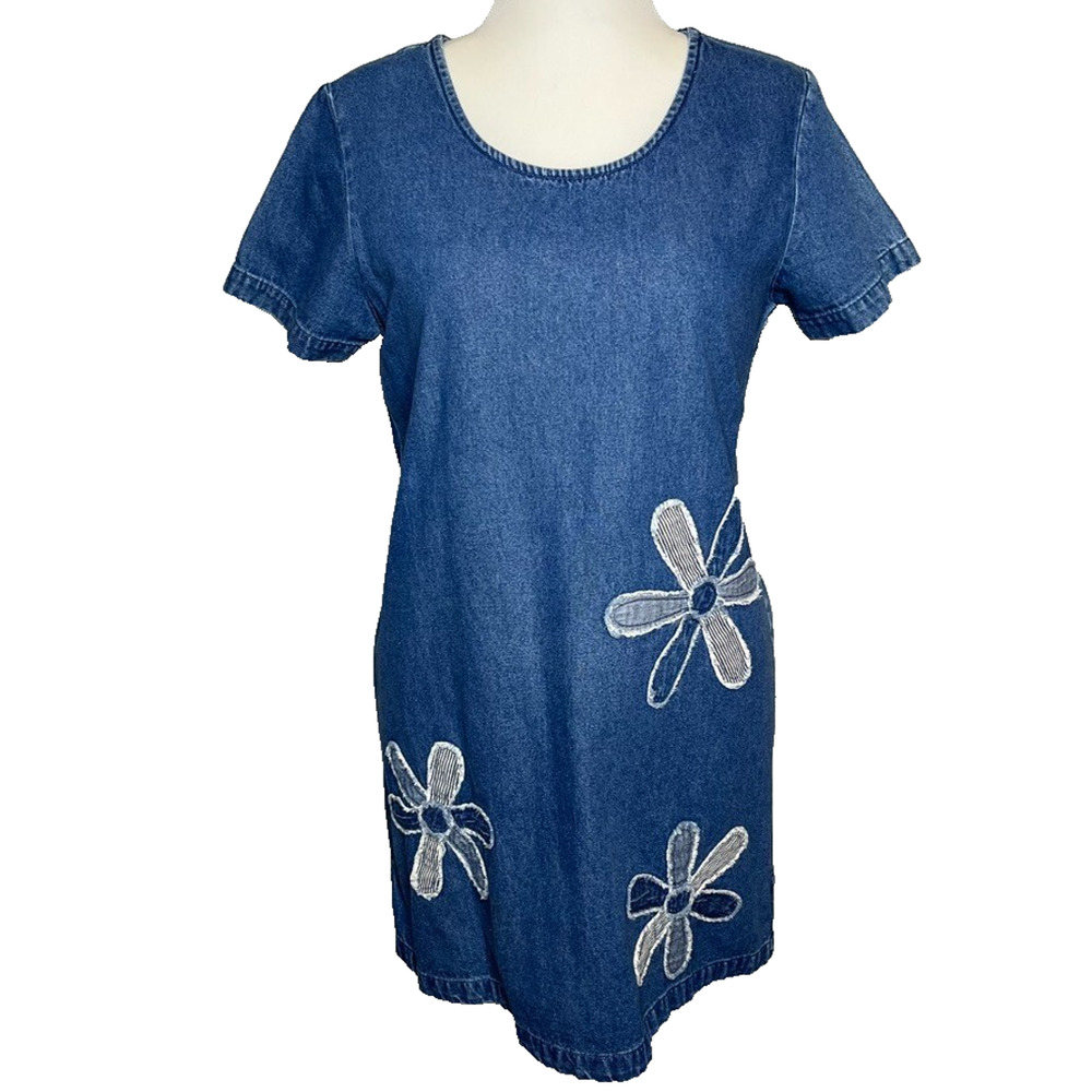 Blue J. Denim Shift Dress Midi Flower Applique VTG Pullover 80's‎ 90's Spring M